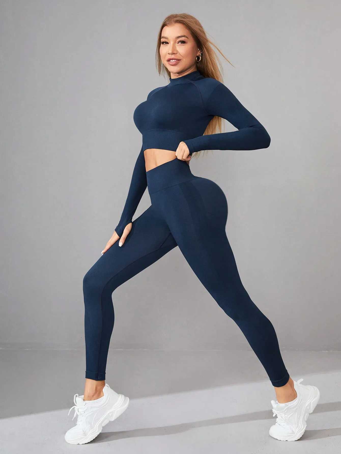 Women 2 Piece Workout Sets Hidden Scrunch Butt Lifting Seamless Leggings Long Sleeve Yoga Crop TopsXJ251029
