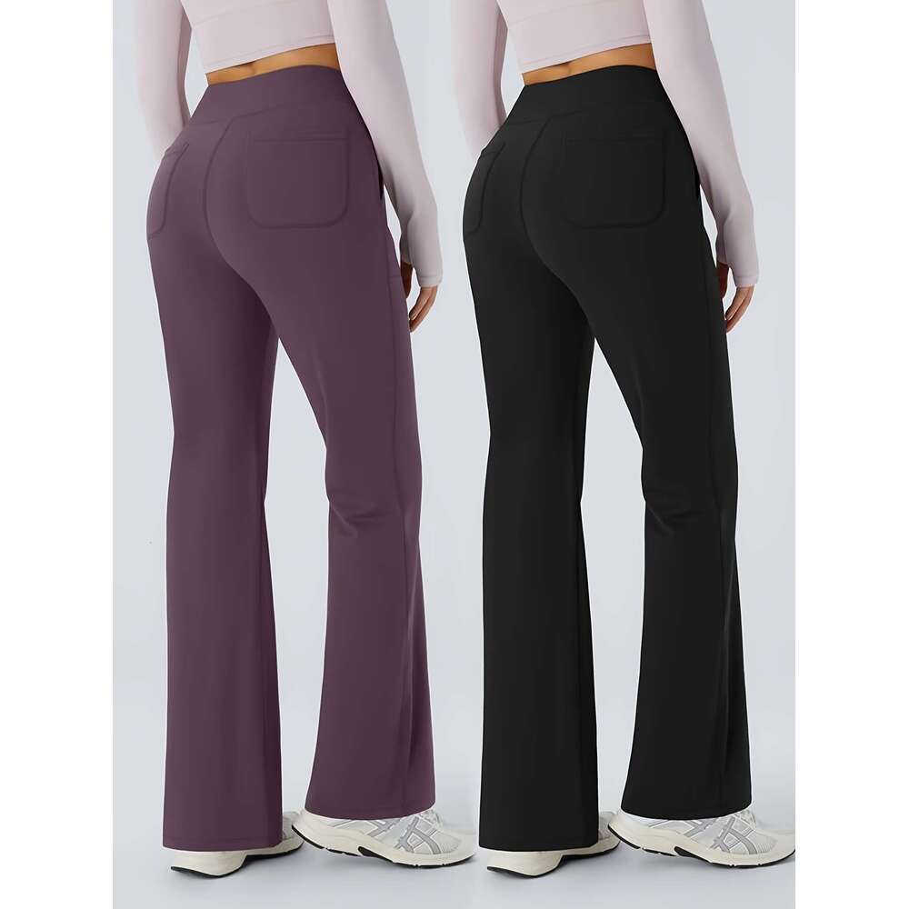 2pcs High-Waist Women's Flare Leg with Front Pockets - Stretchy, Slimming Casual Bell Bottoms for Workout, Comfortable Long Trousers in Purple & 
