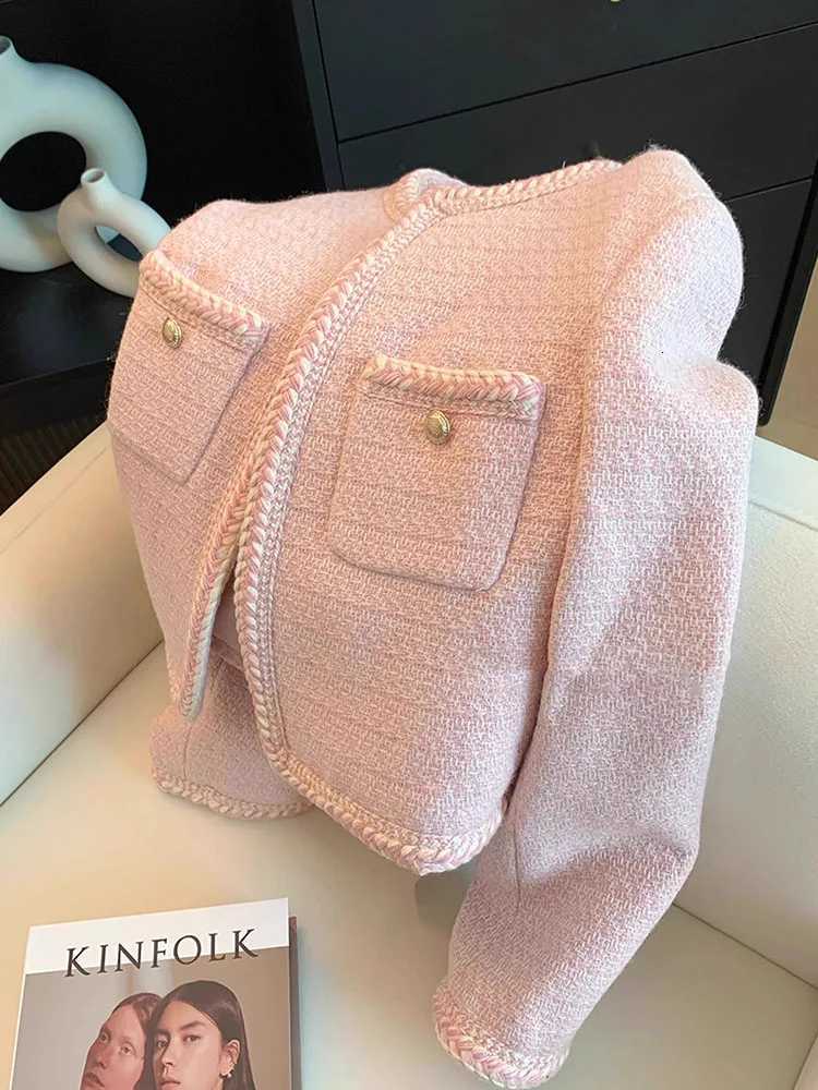 Jmprs Women Sweet Pink Tweed Jackets Elegant Fashion Long Sleeve Patchwork Korean Coat Casual High Quality Open Stitch Outwear Y251105