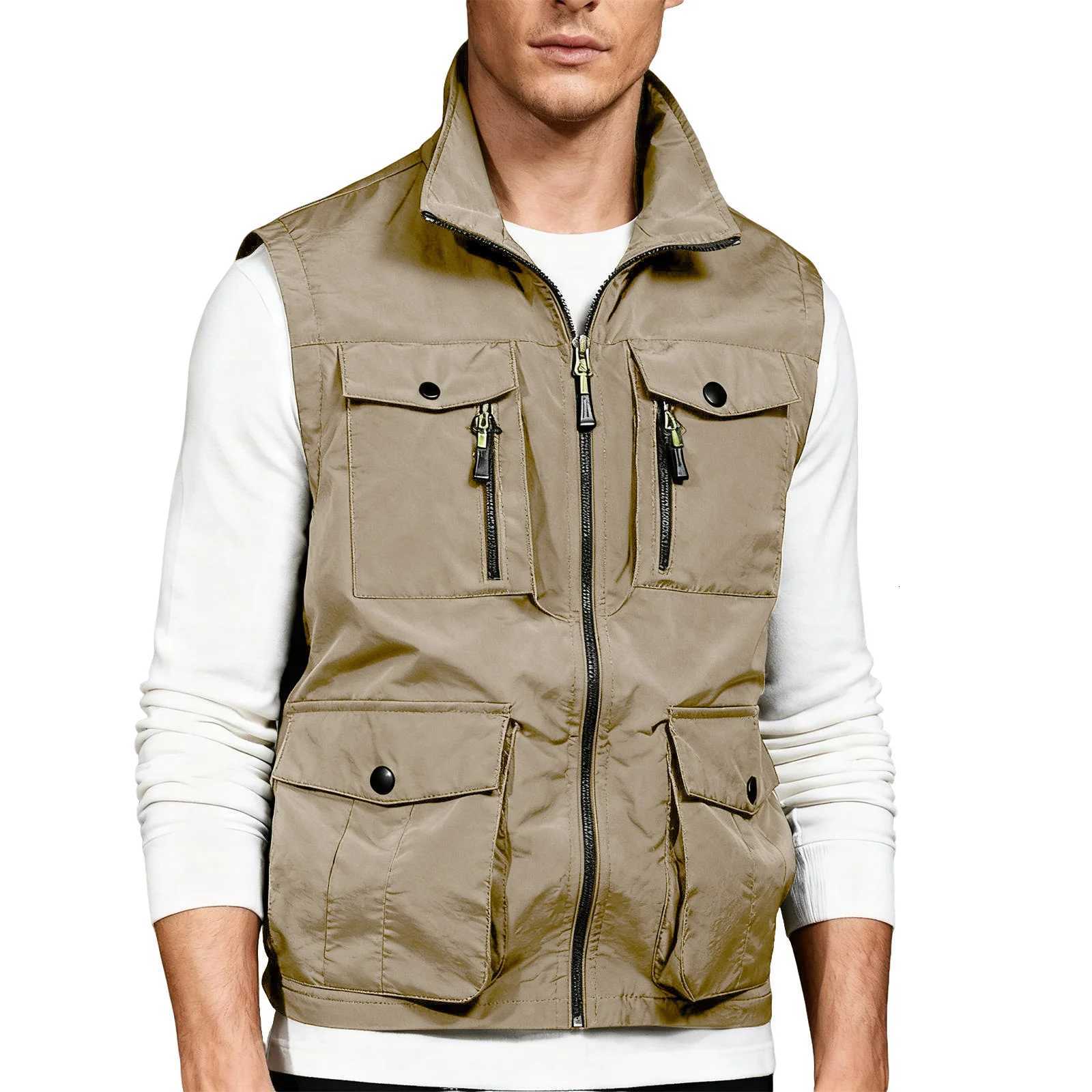 Spring And Autumn MenS Outdoor Multi Pocket Solid Color Zipper Lapel Vest Suitable For Casual Daily Wear W251029