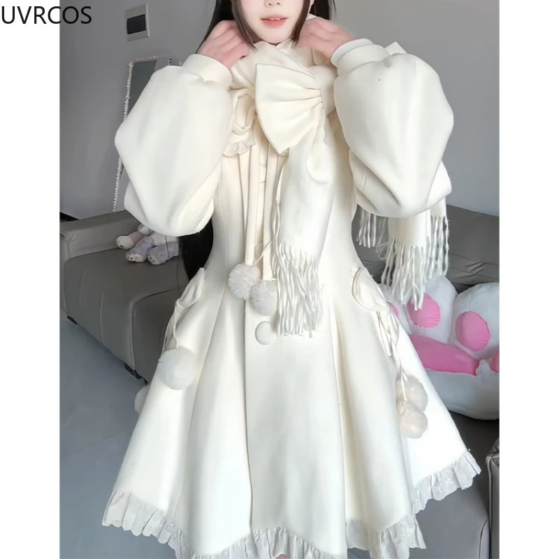 Japanese Kawaii Cute Woolen Coat Women Sweet Ruffles Peter Pan Collar Slim Cotton Bow Scarf Jacket Female Winter Parkas Coats 251029