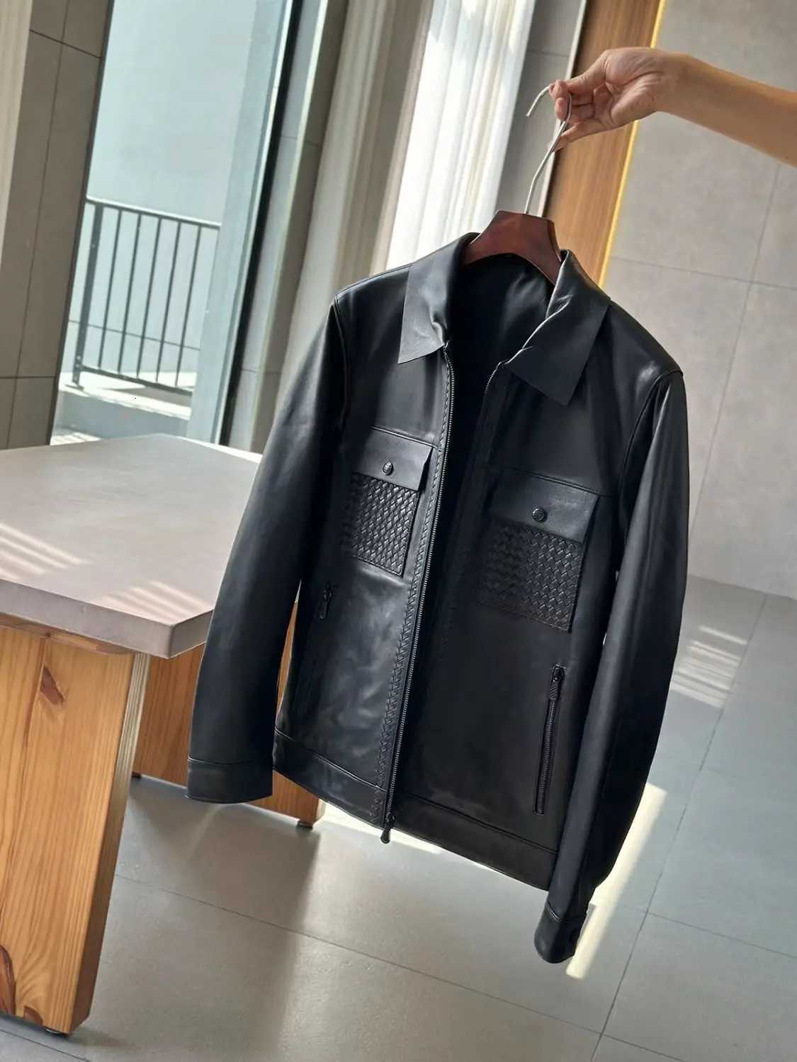 Mens ZipUp Leather Jacket Lapel Vintage Biker Style Business Casual Autumn Winter Windbreak Coat for MiddleAged Young BlackT251029