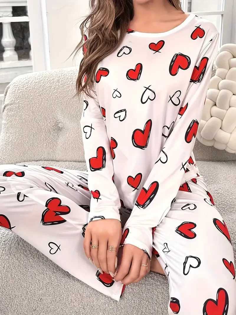 Autumn Winter Pajama Set for Women Sleepwear Heart Print Knitted RoundNeck Loose Tops and Elastic Long Pants LoungewearT251029