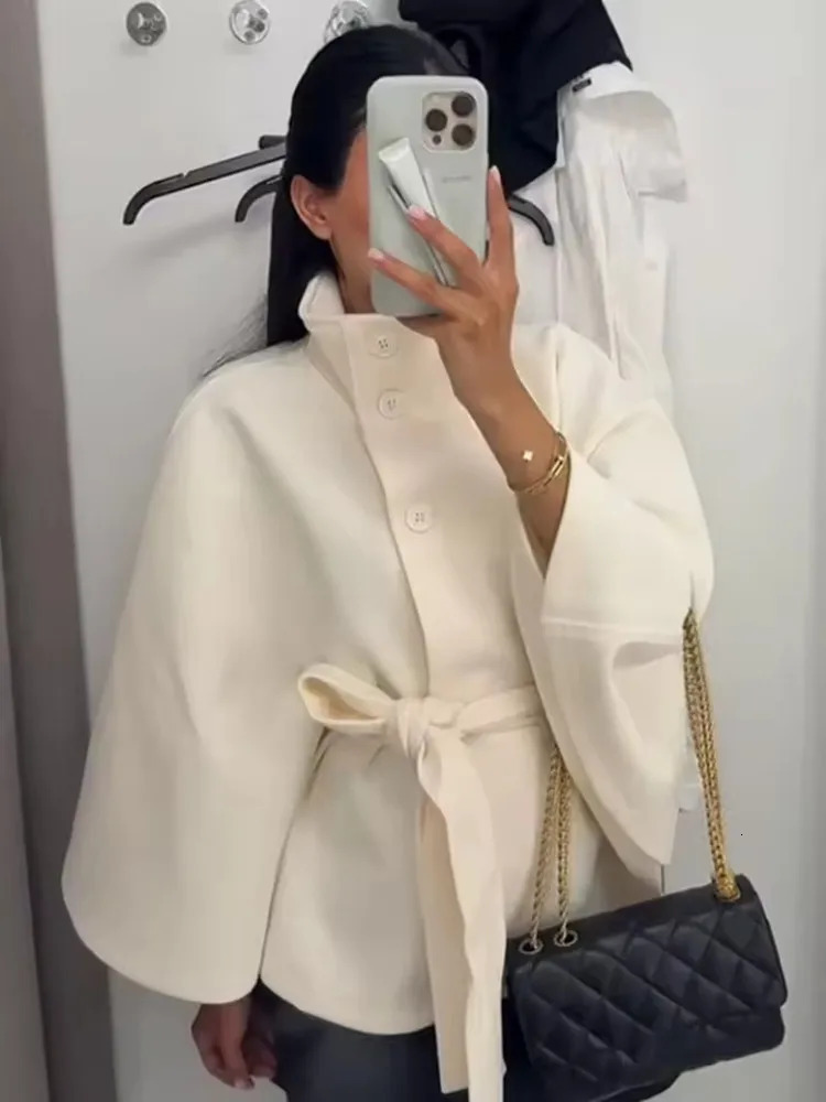 2026 Lace Up High Neck Jackets For Women Belt Faux Wool Blends Cape Coats Autumn Winter Warm Elegant Cloak Coat Ladies 251029