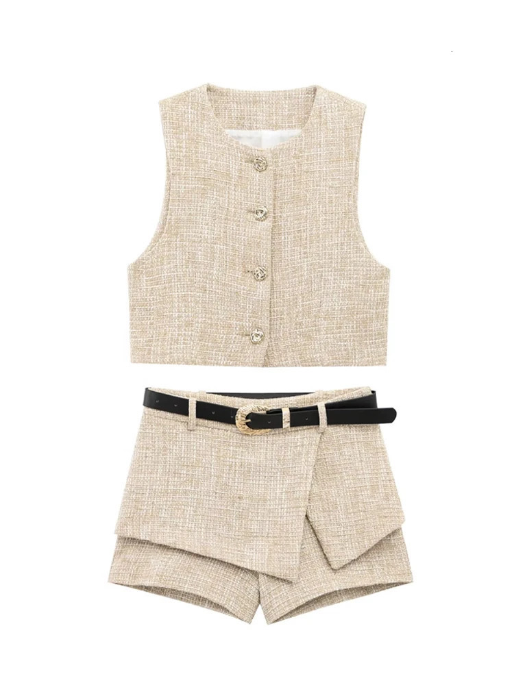 HH Women Elegant Sets ONeck SingleBreasted Waistcoat TopsSummer Slim Office Lady Texture With Belt Culottes Shorts Suits 251029