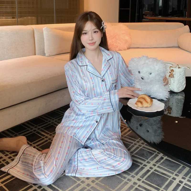 Floral Womens Ice Silk Lightweight Pajama Set Long Sleeve Top with Pants SpringFall Soft Silk HomewearT251029