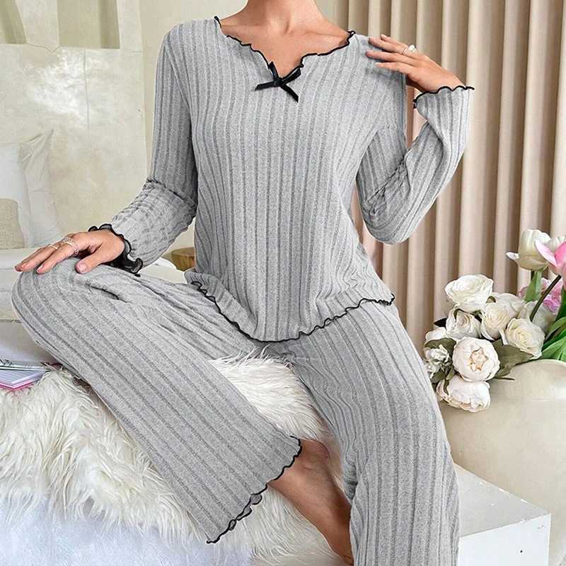 Women Autumn Winter Sleepwear Ribbed Pajamas Set Long Sleeve Top and Long Pants 2 Piece Set Casual Homewear LoungewearT251029