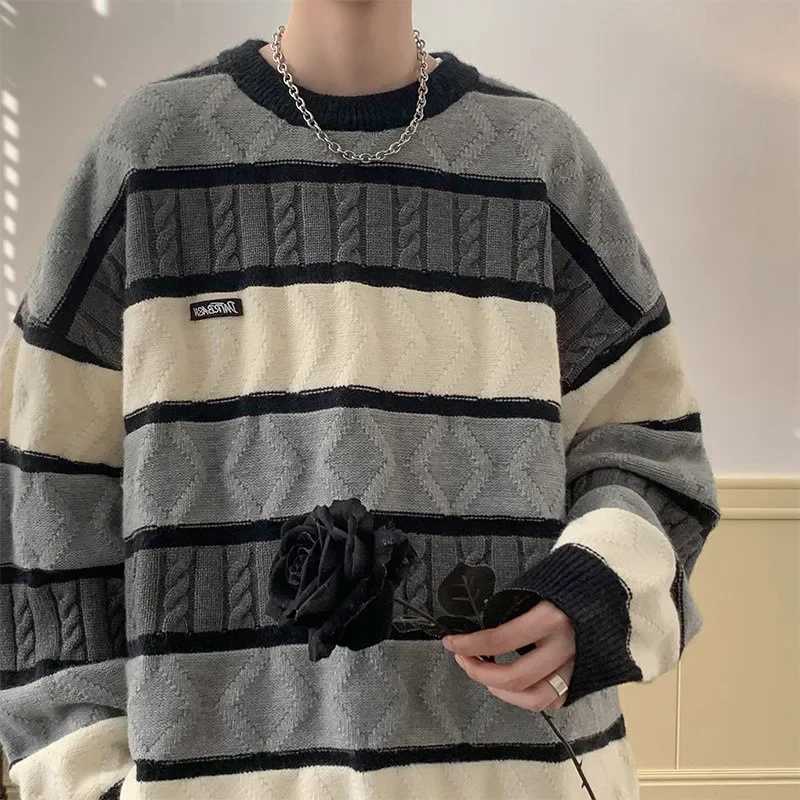 Japanese Style Vintage Color Blocking Cable Knit Striped Round Neck Sweater For Men And Women Winter Warm Preppy Thickened Knit J251029