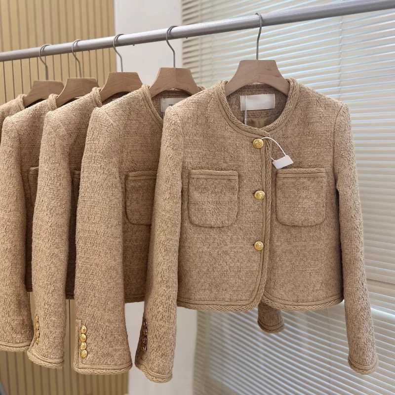 2024 Autumn Winter Elegant Korea Chic Simple Commuter Round Neck Gold Buckle High Quality Thick Small Fragrance Basic Women Coat Y251105