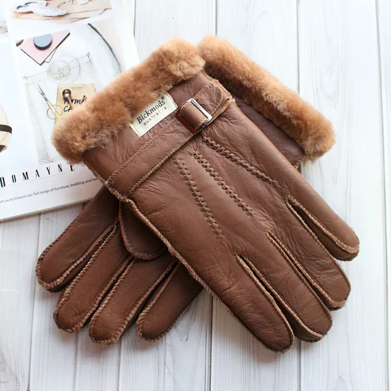 Sheepskin Fur Gloves Mens Thick Winter Warm Large Size Outdoor Windproof Cold Hand Stitching Sewn Leather Finger Gloves 251029