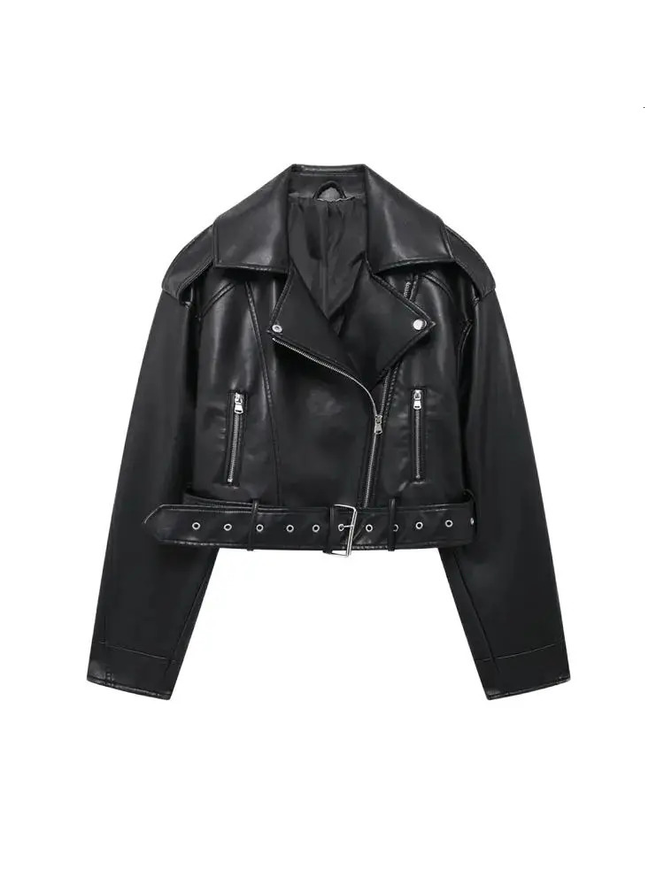 Faux Leather Moto Biker Jacket for Women Long Sleeve Coat Front Zipper Female Outerwear Chic Tops Fashion 251029