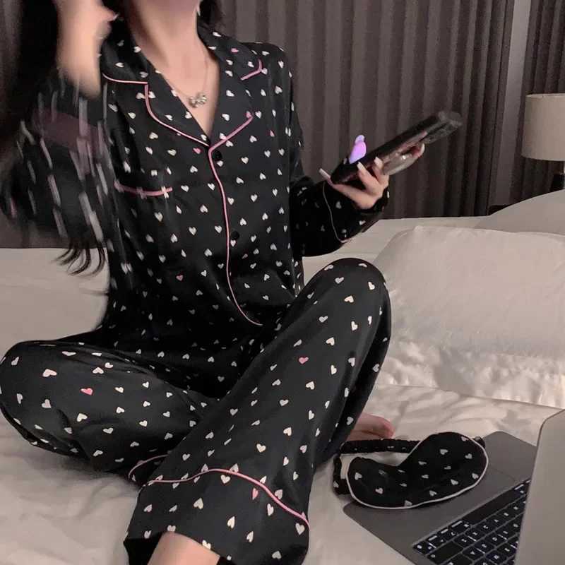 Women Heart Graphic Print Ice Silk Cardigan Lapels Long Sleeve Trousers Pajamas Student Loungewear Sleepwear Europe and AmericaT251029