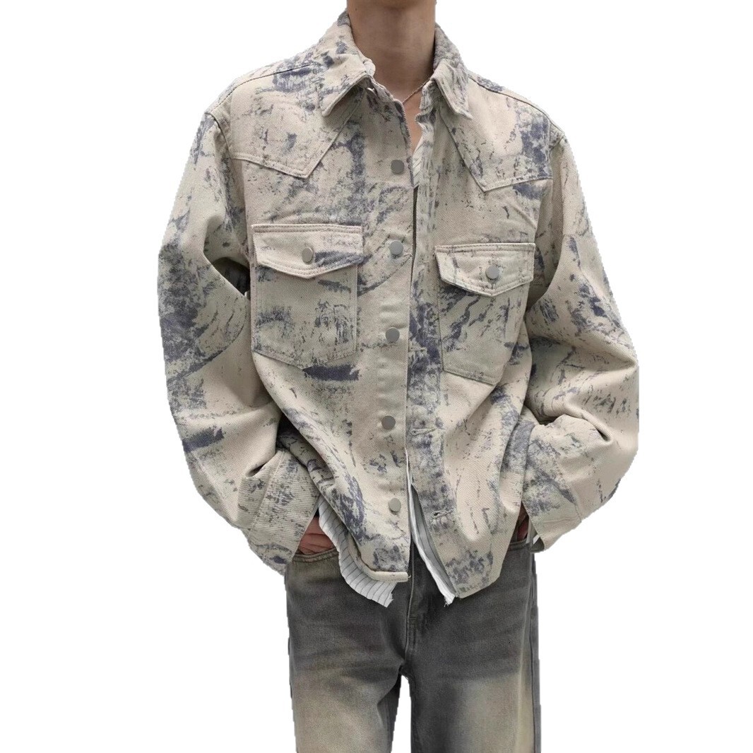 Tie-dye Lapel Denim Jacket For Men Spring And Autumn High-end Feel Stylish American High Street Niche Designer Jacket Lazy Style Top