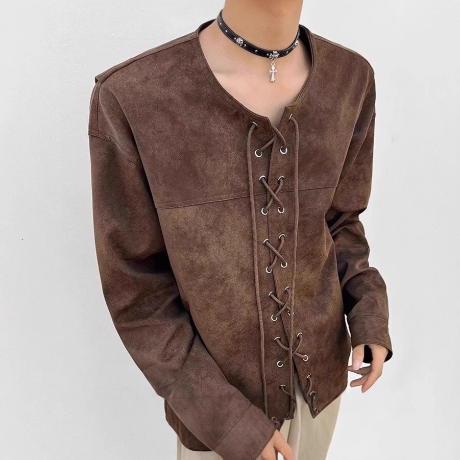 Niche Drawstring Double-breasted Leather Jacket For Men Designer Jacket Spring And Autumn American Street Style Loose Casual Brown Motorcycle Jacket