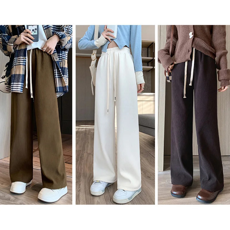 Women Wide Leg Corduroy Pants Autumn Winter Basic Elastic Waist Stright Long Casual Female Trousers 251029