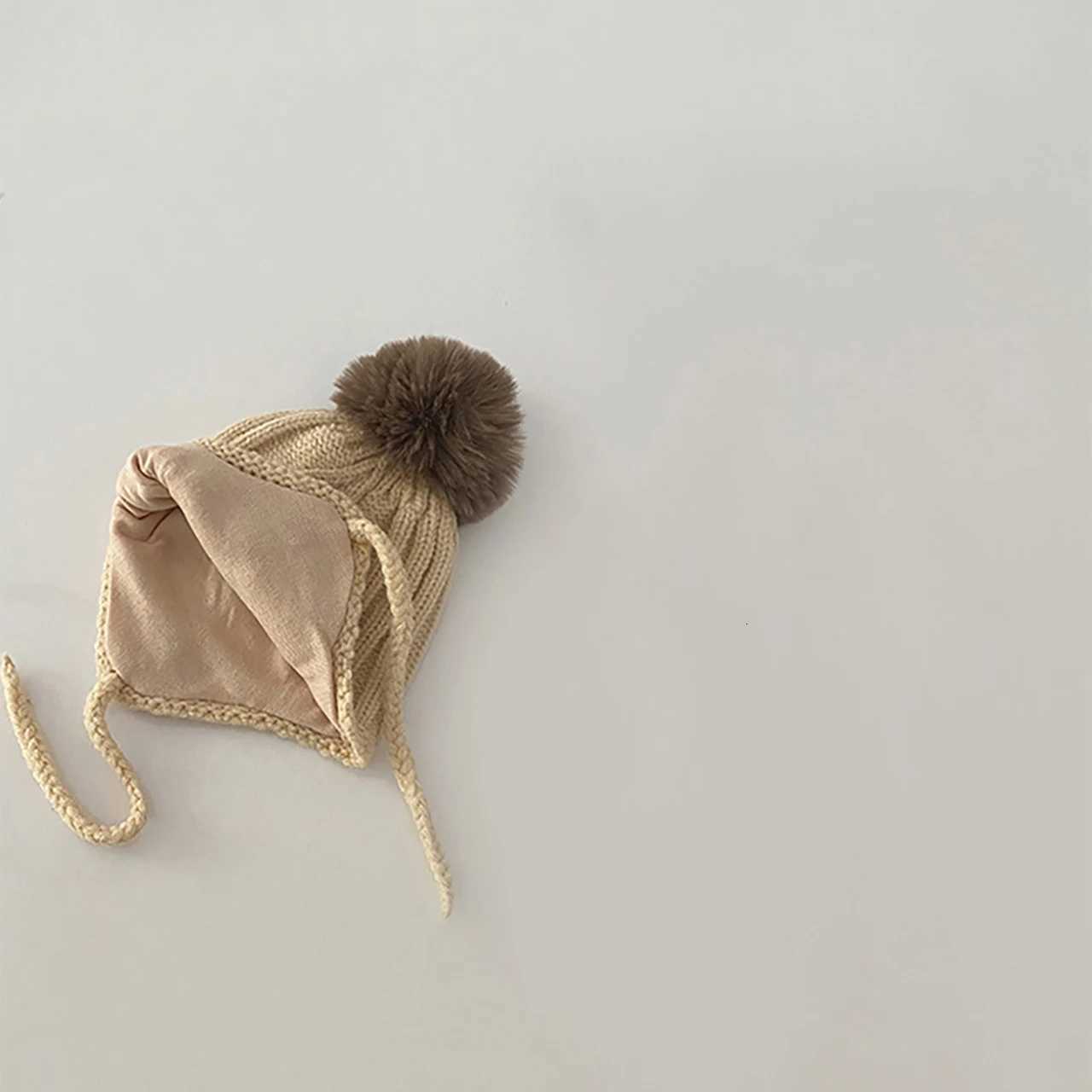 Pompom Beanie For Baby Earmuffs Cap Winter Warm Kids Woolen Knit Hats 12Year Boy Girl Ear Protection Hat Toddler Ties Bonnet251028