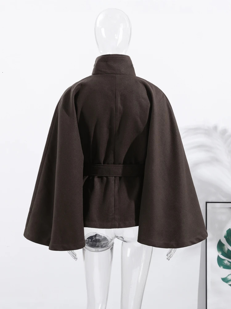 Womens Poncho Coats Vintage Stand Collar Belt Three Button Lace Up Full Sleeve Overcoat Female 2025 Autumn Lady Streetwears 251029
