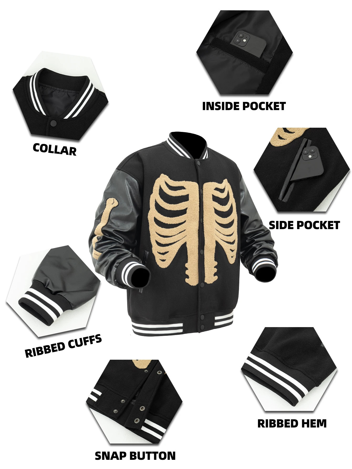 Mens Varsity Jacket Skeleton Graphic Baseball College School FauxWoolLeather Bomber Halloween costumes Outerwear Coats 251028