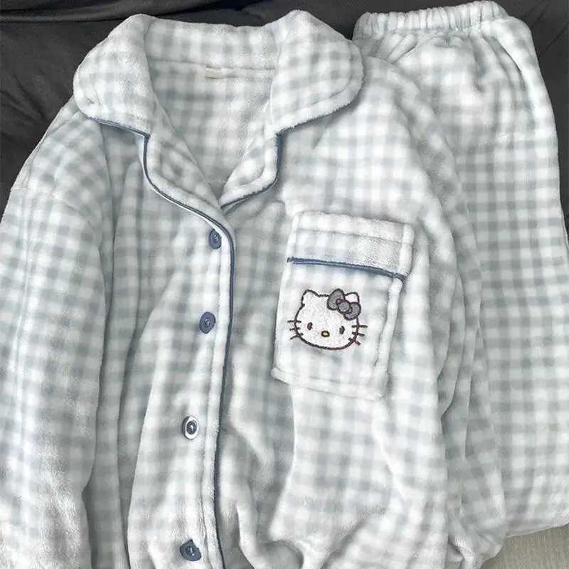 New Chikawa Flannel Thickened Winter Usagi Long Sleeved Pajama Pants Set for Women Plus Velvet Cute Blue Hachiware Home ClothesT251029