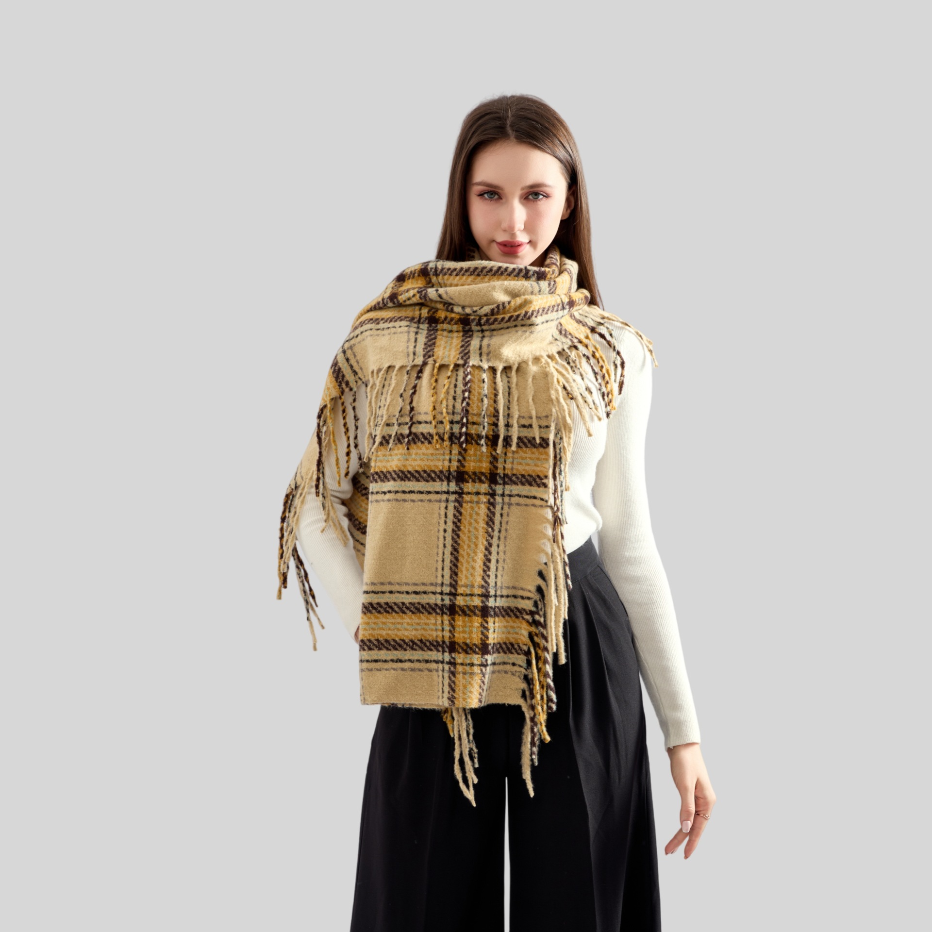 New Plaid Circle Scarf Female Imitation Cashwool Atmosphere Feeling All Kinds Of Tassel Scarf Casual Scarf