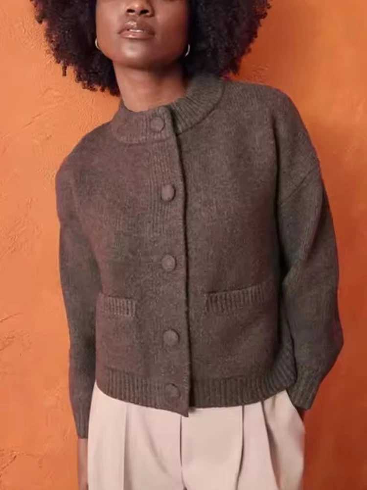 FSMG Casual Solid O Neck Single Breasted Cardigan For Women Elegant Full Sleeve Pocket Knitted Sweater Autumn Lady Chic KnitwearT251028