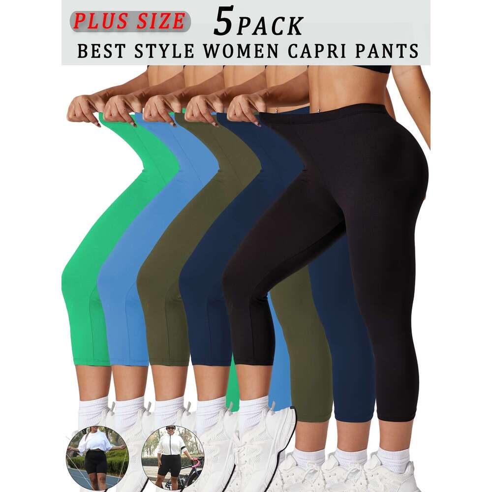 5 Packs Women's Sports Capri Set, Plus Size Plain Stretch High Rise Soft Yoga Running Leggings Pants 5Pcs Set