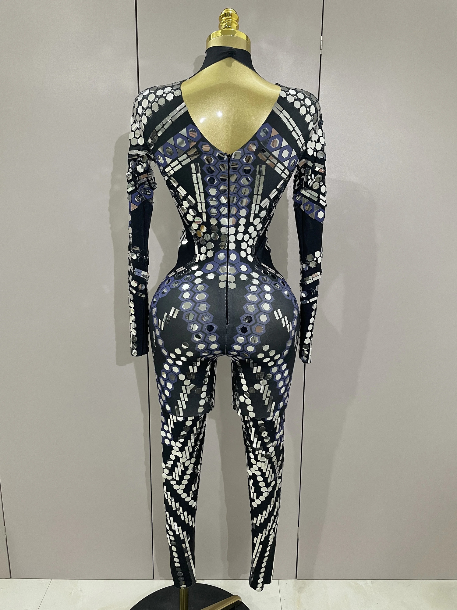 Sexy Shiny Silver Sequins Mirror Black Spandex Jumpsuit Women Prom Dancer Singer Costume Evening Birthday Show Stage Outfit 251027