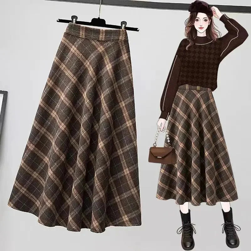 Rimocy Autumn Winter Woolen Skirt Women Korean Style Thick High Waist Long Skirt Woman A Line Pleated Plaid Skirt Female 251028