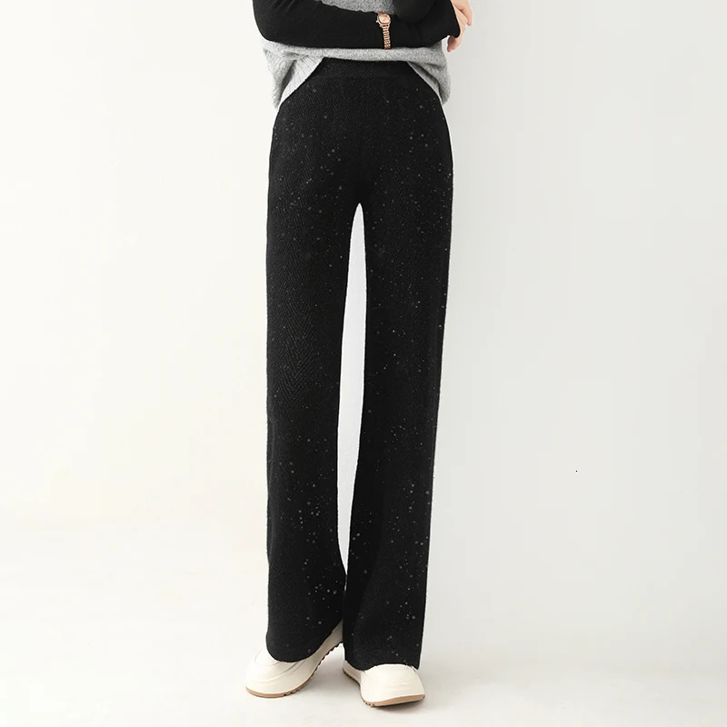 Women Wool Wide Leg Pants Elastic Waist Threaded Pattern Trousers Autumn Winter 100 Merino Knit Soft Warm 251029