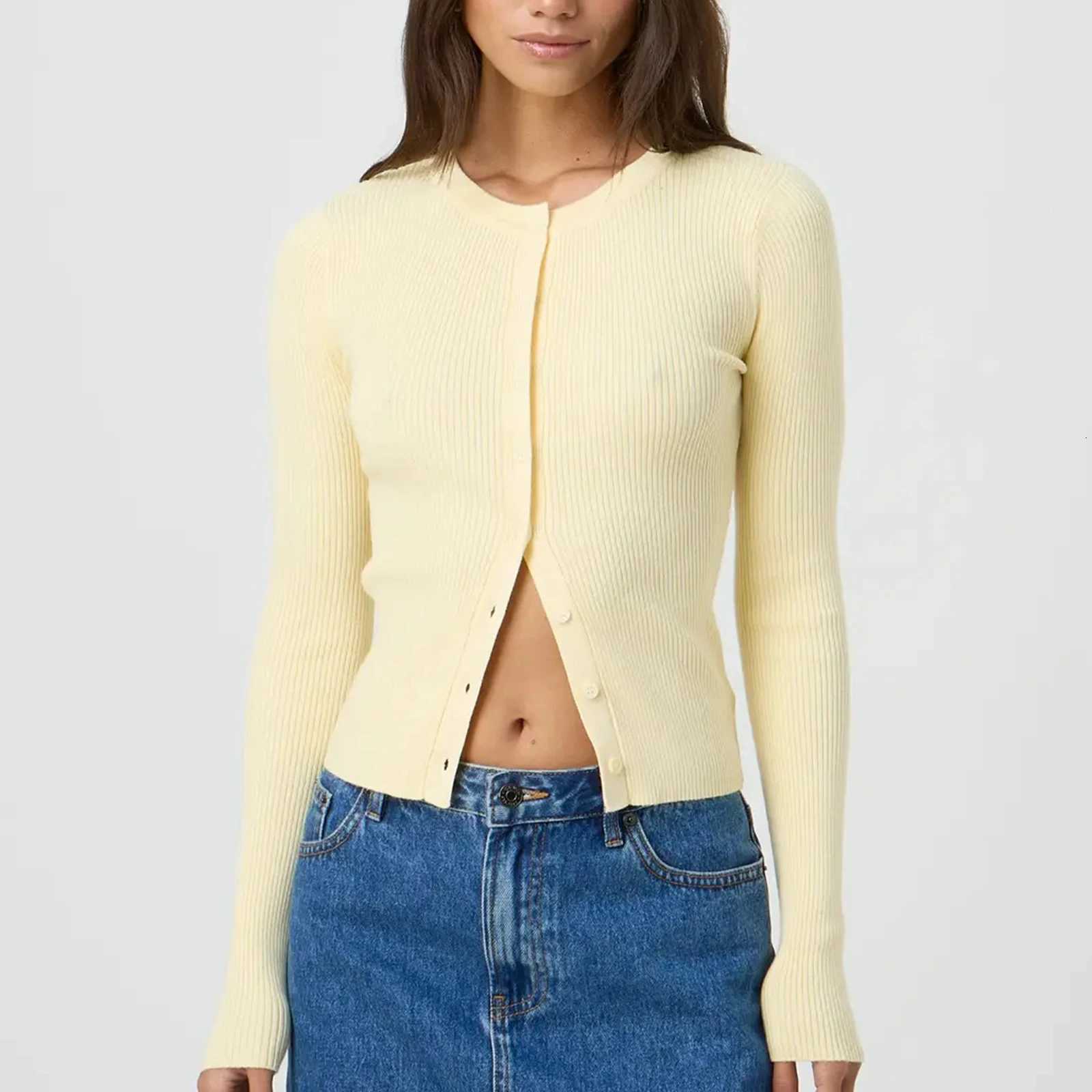 Womens Ribbed Cardigan Tops Spring Fall Solid Color Long Sleeve Round Neck Button Up Cropped Sweaters Female Casual PulloversT251028