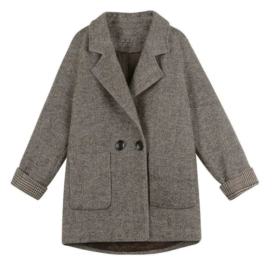 Fashionable British Wool Coat for Women in Autumn and Winter Casual Loose Collar Pocket Windproof Jacket for Women 251029