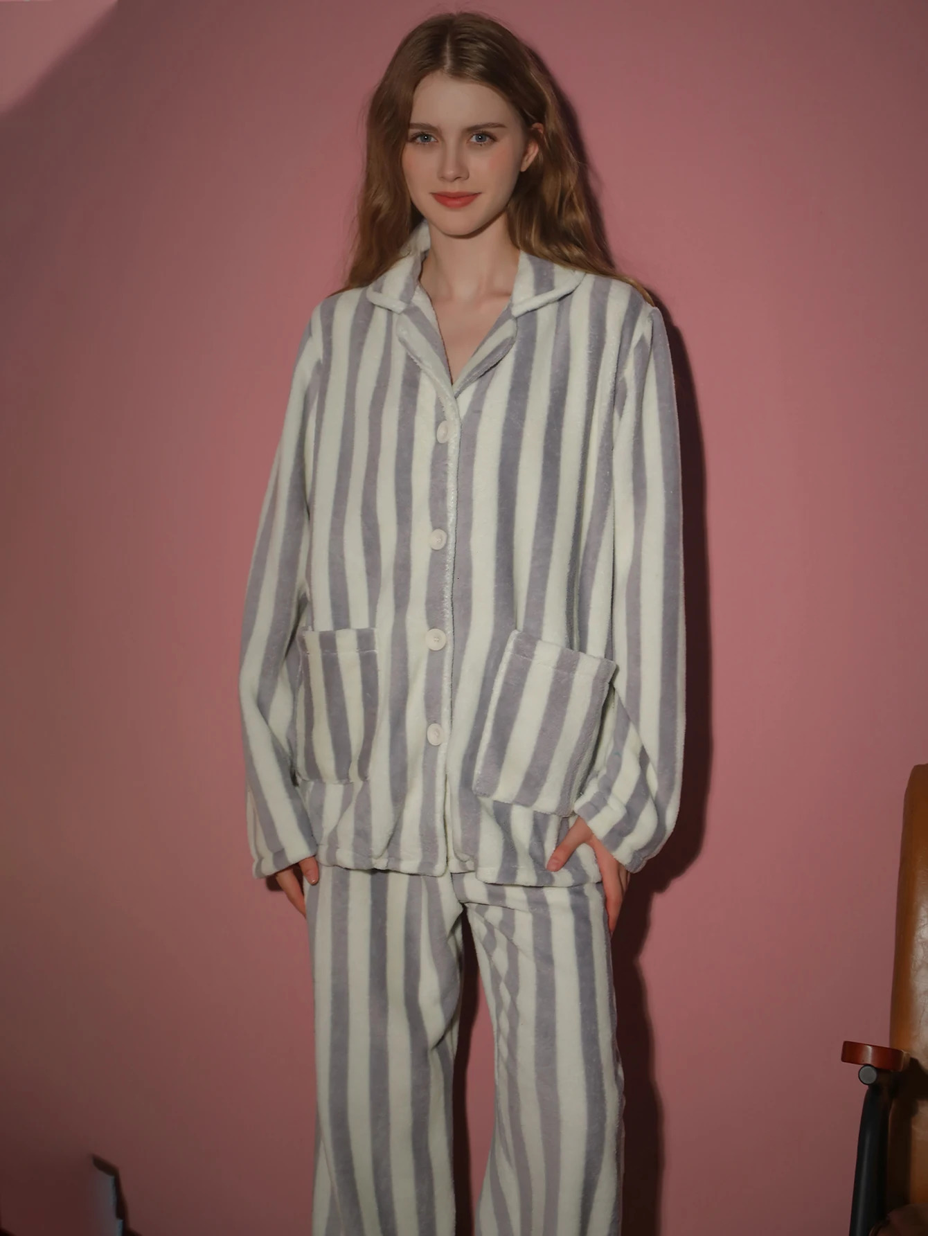 2piece set of womens pajamas autumn and winter flannel striped long sleeved pants thick cardigan home clothes 251029