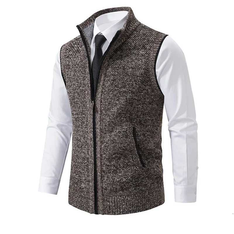 Mens Knitted Sleeveless Sweater Cardigan Zipper Sweater Vest Casual Sleeveless Warm Jacket Slim Fit Stand Collar Sweatercoat W251029