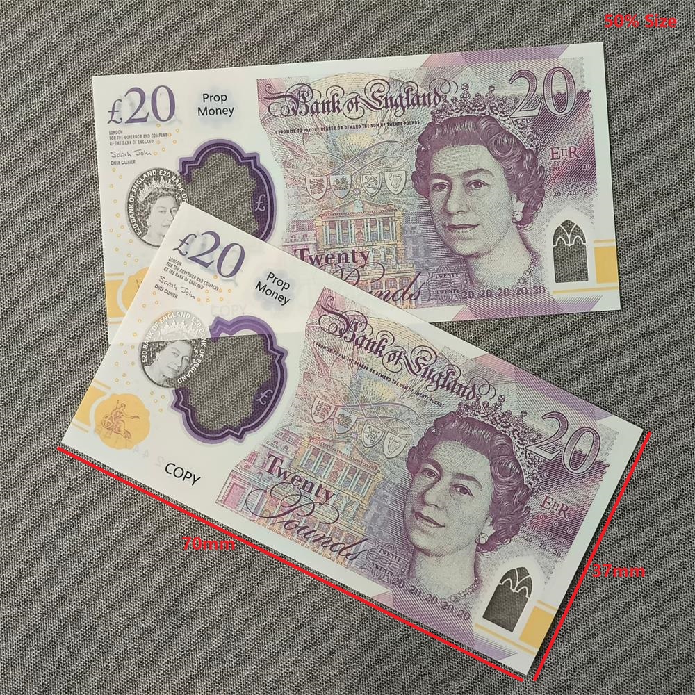 5A+ Funny Ultra-thin Polymer Prop Money UK GBP 5 10 20 50 Copy Pounds Money Fake Money Plastic Banknotes British Dollar For Kids Toys Christmas New year 70*37mm 50% Size
