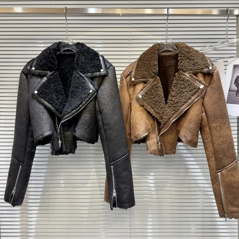 PREPOMP Winter Collection Turn Down Collar Zippers Sleeve Cuff Faux Fur Pu Leather Jacket Women GM128 251029