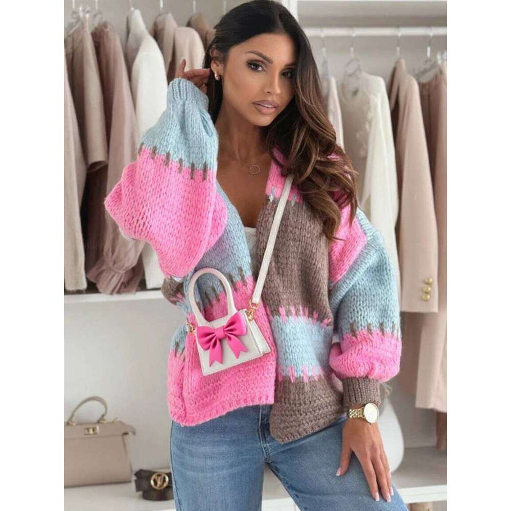 Women's Contrasting Casual Lantern Sleeve Cardigan Loose Soft Comfortable Knit Sweater Jacket