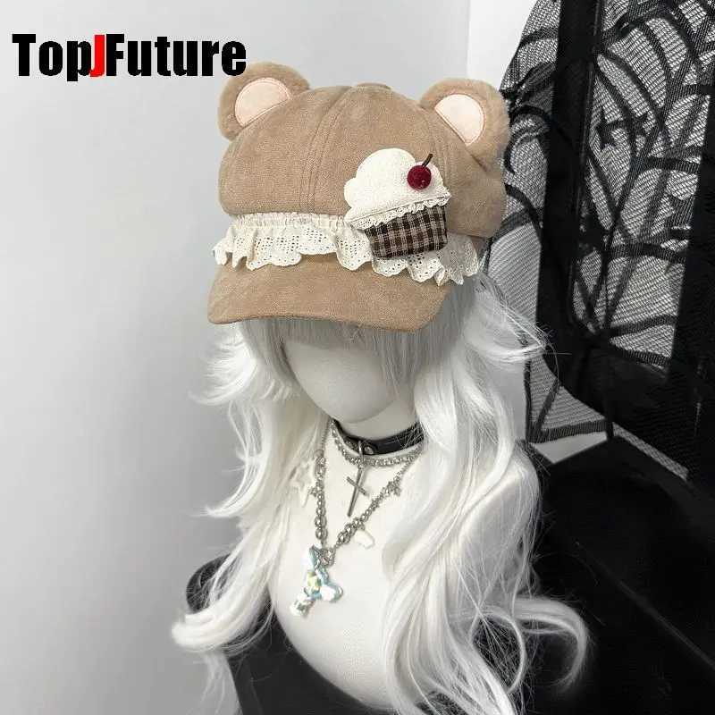 Y2K Womens Bear Ear Ballet Style Beret Dark Gothic Lolita Japanese Trend Neutral Black Painter Hat Octagonal Cap for Cosplay
