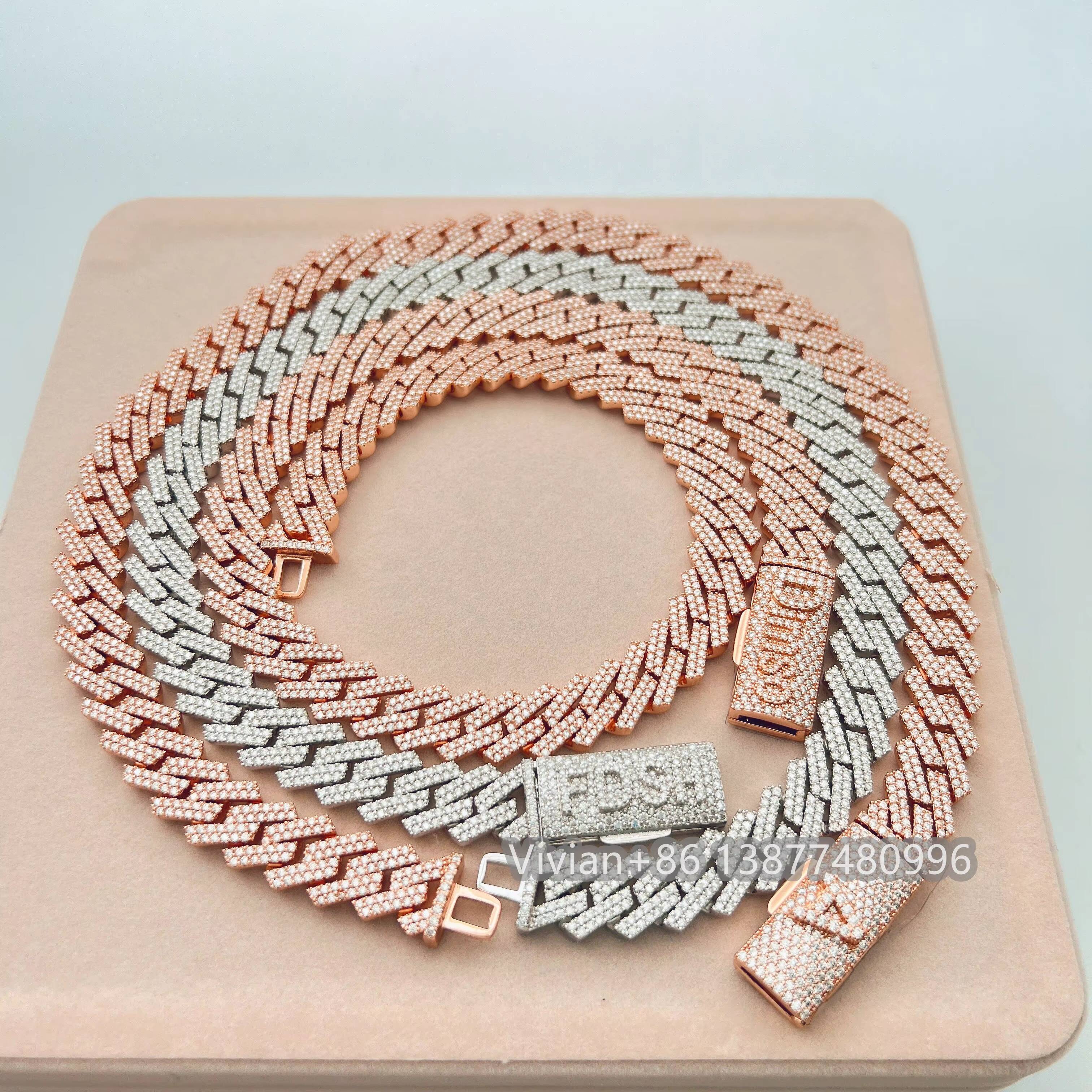 14MM Moissanite Diamond Cuban Chain Custom Clasp for Free Silver 925 Iced Out Hip Hop Jewelry Miami Link Chain