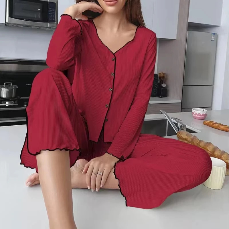 Autumn Winter Women Solid Color Pajama Set Casual Loungewear Long Sleeve Leg Pants 2 Piece Outfit Comfortable Homewear 251029