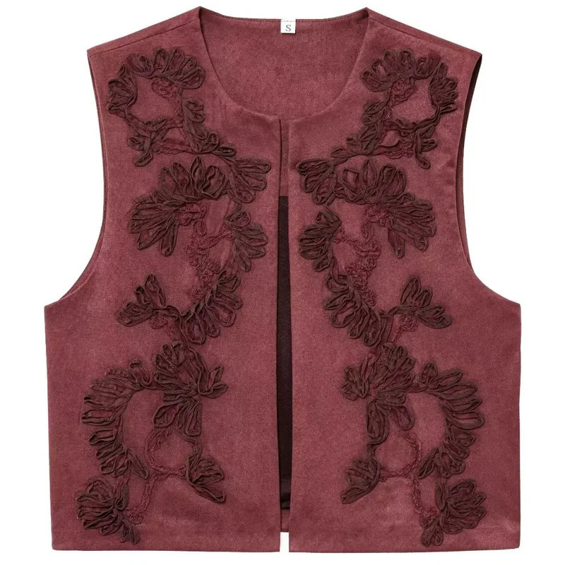 HXAO Womens Vest Crop Embroidered Waistcoat 2025 Spring Suede Sleeveless Vest Brown Red Cardigan Chic Elegant Giletes For Women 251029