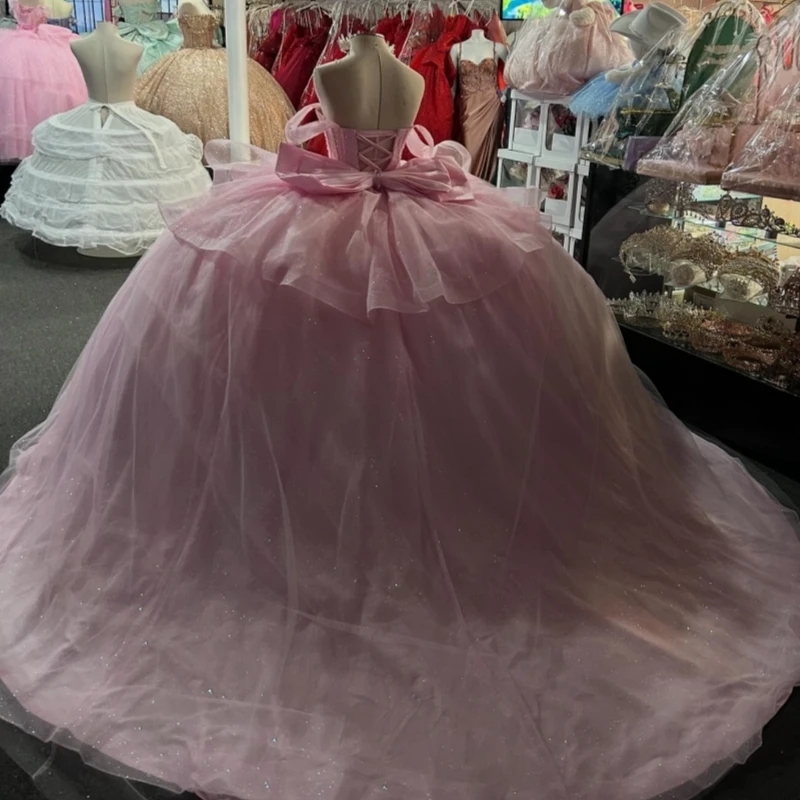 Pink Ball Gown Quinceanera Dresses Off The Shoulder Beads Bow Tull Party Birthday Sweet 16 Dress Vestidos 15 Anos