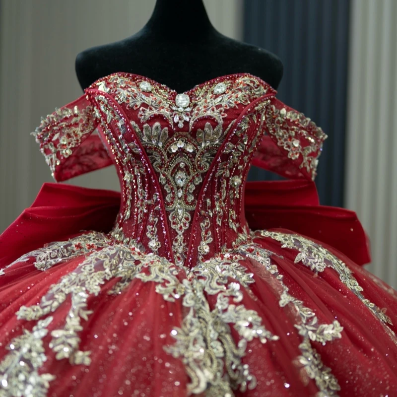 Red Shiny Princess Off the Shoulder Sweet 16 Dress Quinceanera Dresses Applique Lace Beads Bow Tull Party Birthday Vestidos 15