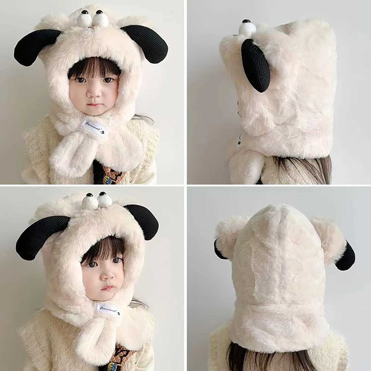 Winter Kids Plush Scarf Onepiece Hat Baby Thermal Headgear Cute Cartoon Children Cross Neckerchief AntiCold Pullover Cap 16Y251028