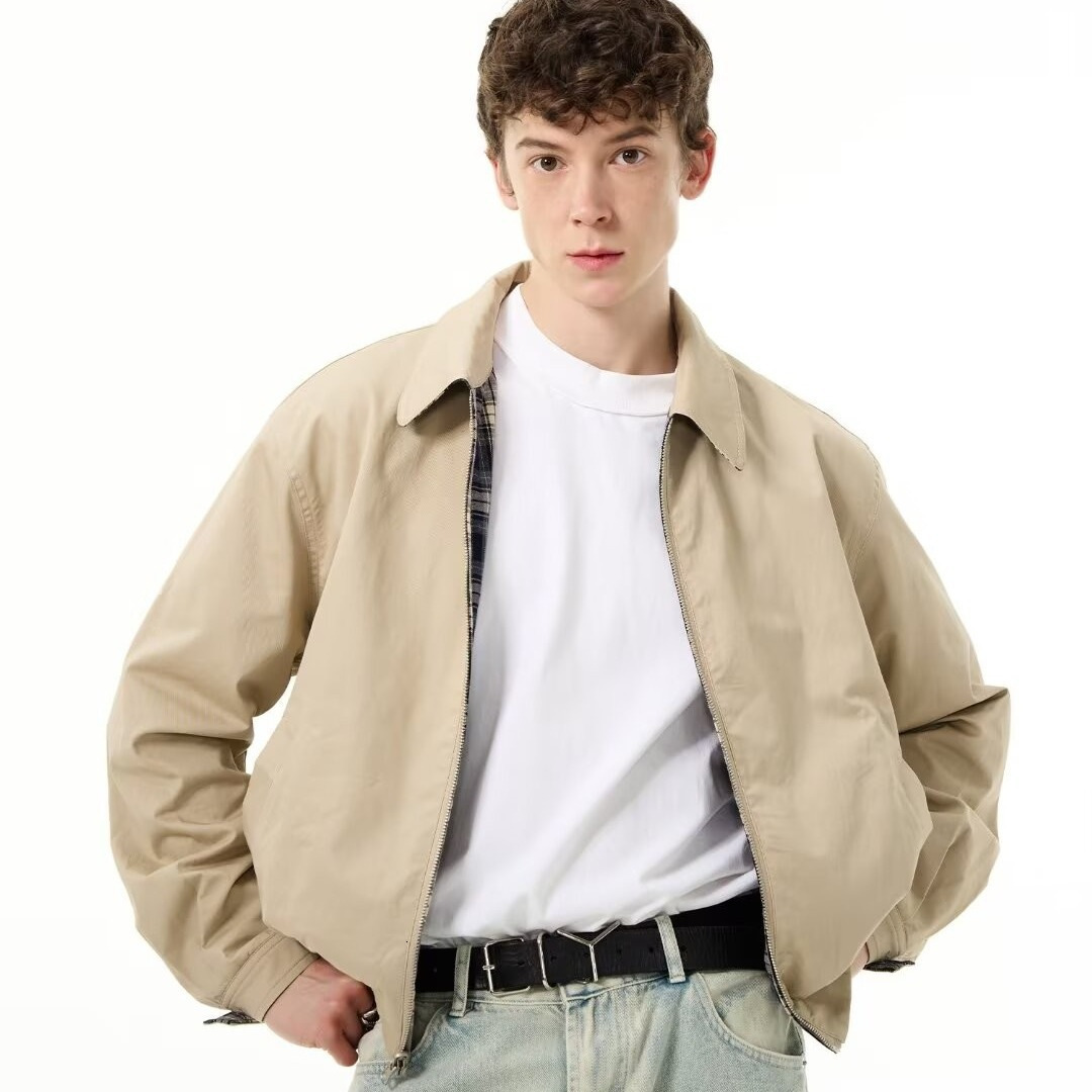 American Style Short Plaid Workwear Jacket Designer Jacket For Men, Reversible Design Bomber Jacket, Autumn Cool Motorcycle Jacket