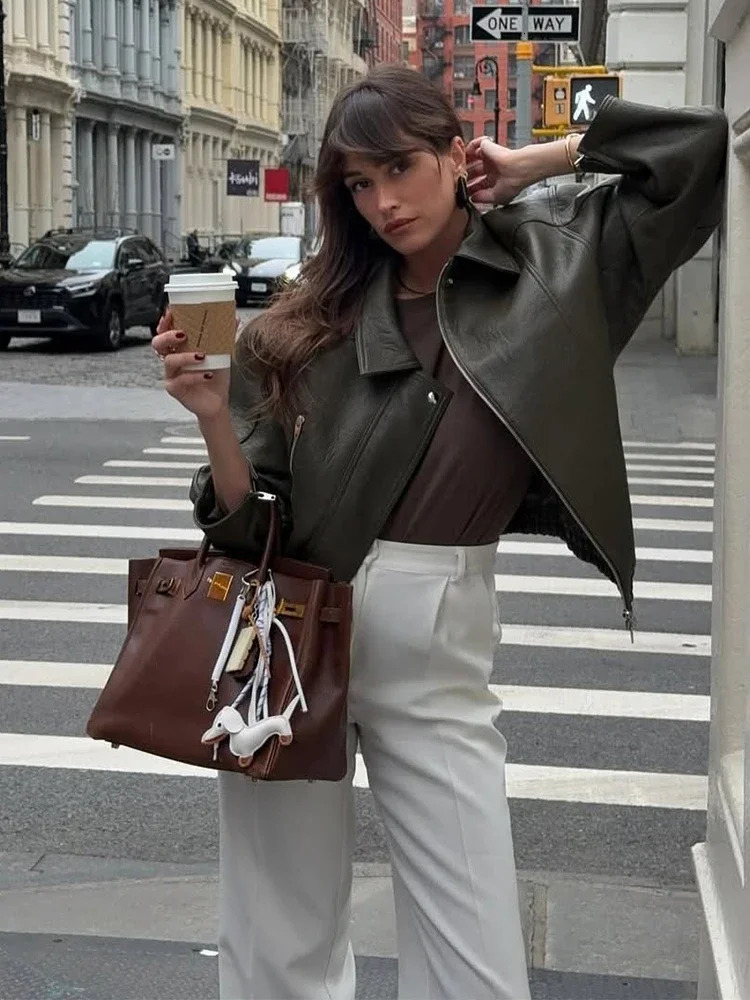 Women Army Green Leather Jacket Lady Lapel Coller Long Sleeve Zipper Loose Fashion Coat 2025 Autumn Outerwear Daily Street Coats 251029