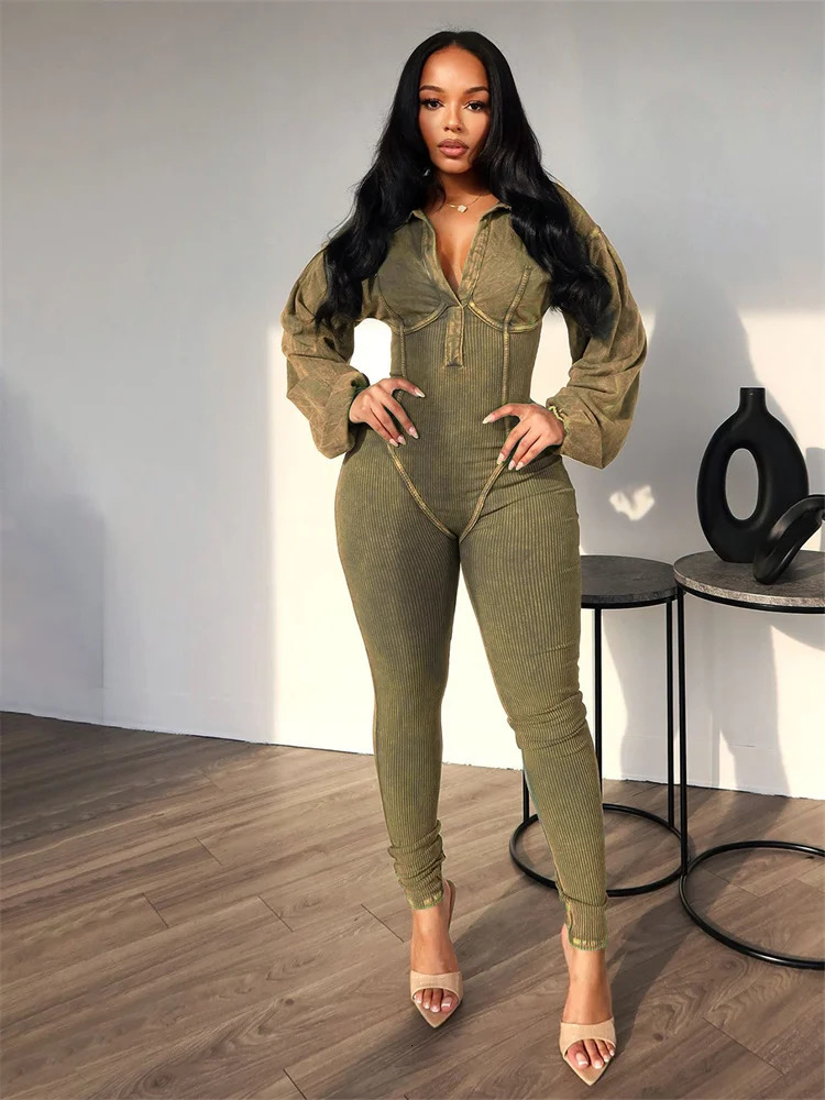 Weird Puss Washed Distressed Jumpsuit Women Ribbed VNeck Solid SKinny Long Sleeve Fall Casual Trend Simple Activity Streetwear 251027