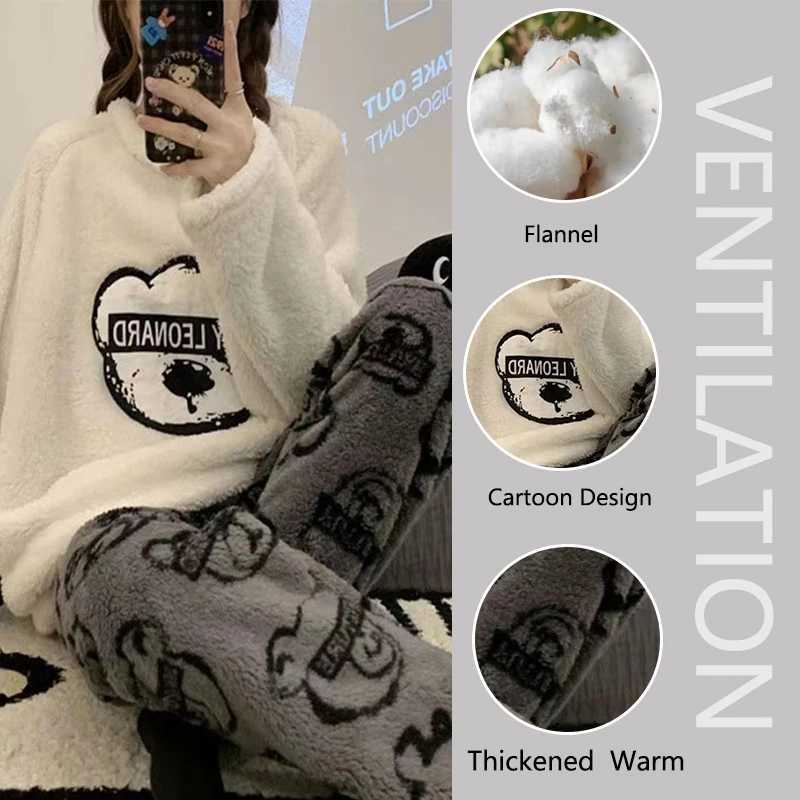 Thickened Warm Flannel Women Pajamas Tops and Trousers Sleepwear Homewear Fall and Winter Student Cartoon Bear NightwearT251029