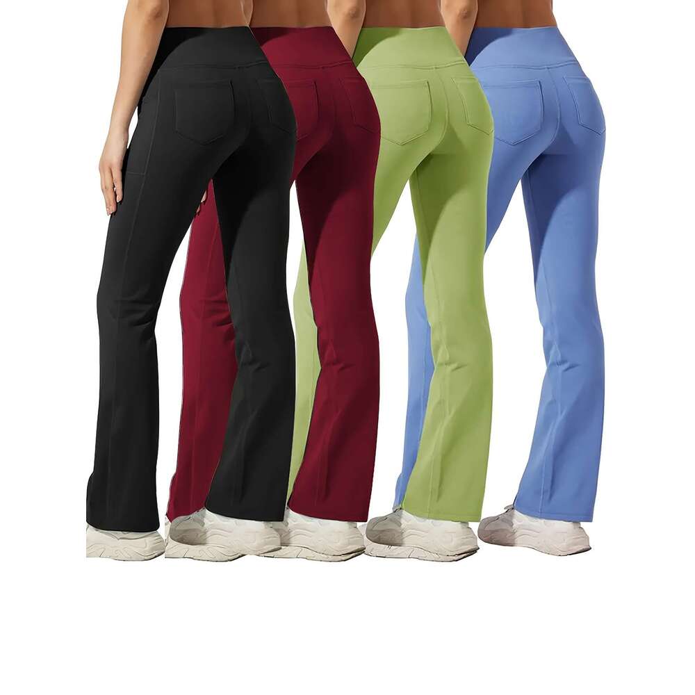 Plus size 4pcs set of sports pants with phone pocket, fashionable and casual hip lifting exercise yoga fiess bell pants, Women's sportswear