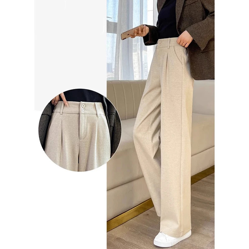 Autumn Winter Women Concise Woolen Pants Lady Wide Leg ner Outside Trousers Female Thicken High Waisted Draping 251029