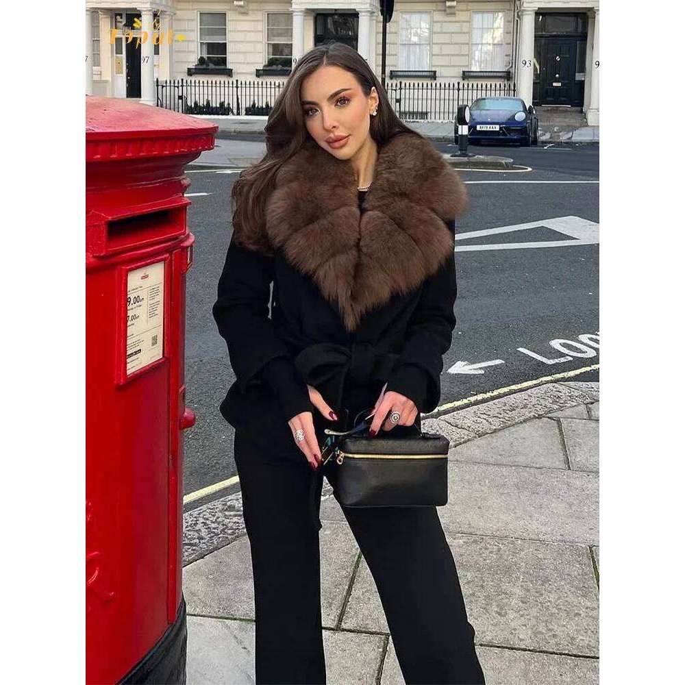 Solid Faux Fur Collar Woolen Overcoat Women Casual Full Sleeve Lace Up Short Jackets 2025 Lady Daily Outdoor Street Warm Coat